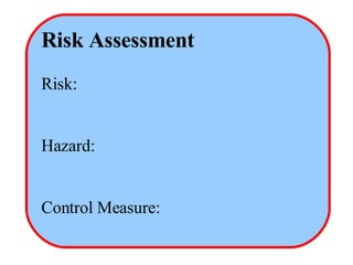 Risk Assessment Risk: Hazard: Control Measure: 