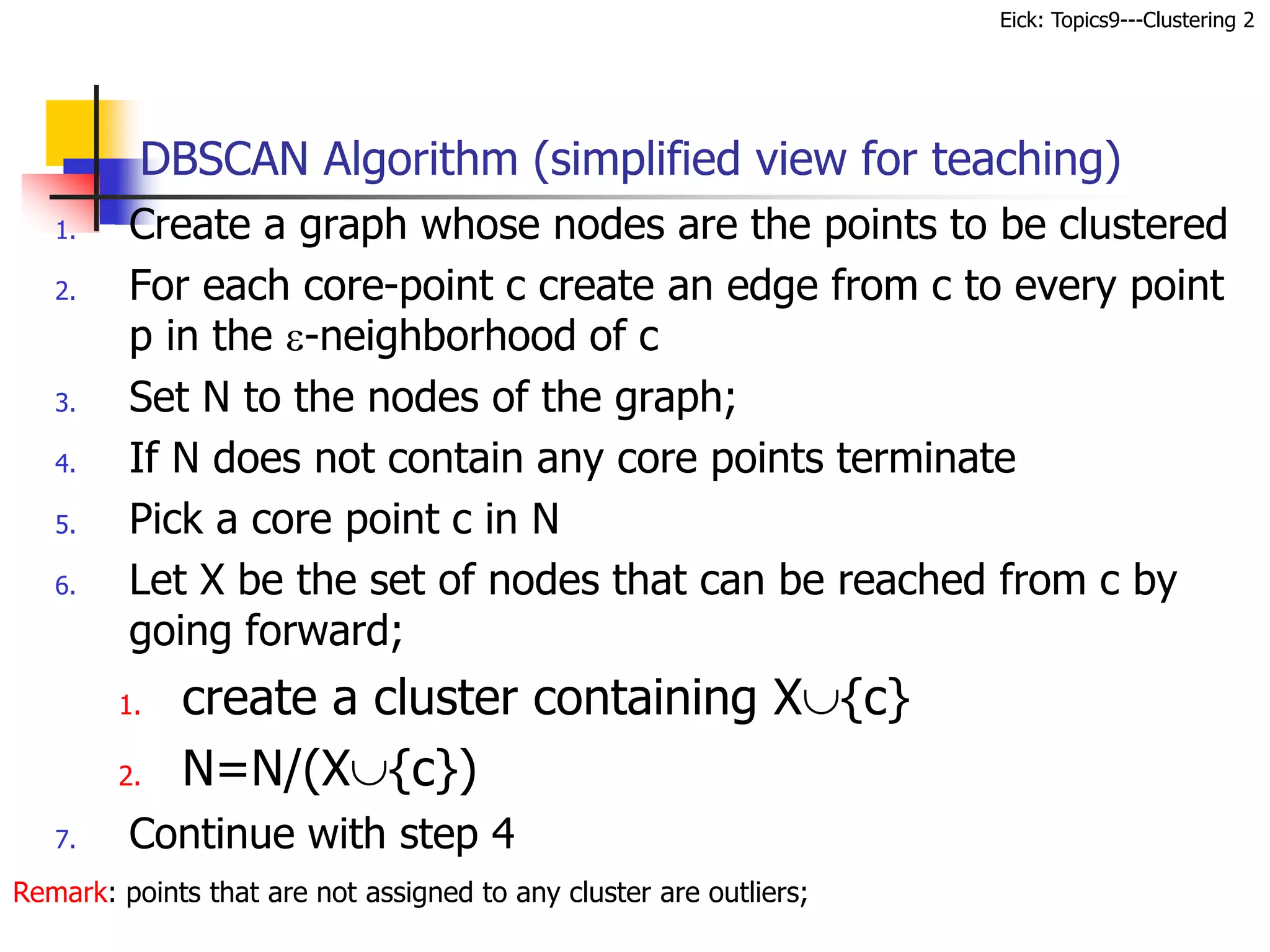 Eick: Topics9---Clustering 2
DBSCAN Algorithm (simplified view for teaching)
1. Create a graph whose nodes are the points to be clustered
2. For each core-point c create an edge from c to every point
p in the -neighborhood of c
3. Set N to the nodes of the graph;
4. If N does not contain any core points terminate
5. Pick a core point c in N
6. Let X be the set of nodes that can be reached from c by
going forward;
1. create a cluster containing X{c}
2. N=N/(X{c})
7. Continue with step 4
Remark: points that are not assigned to any cluster are outliers;
 