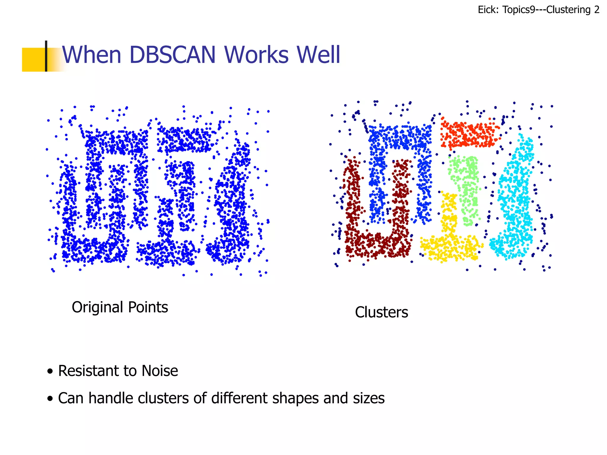 Eick: Topics9---Clustering 2
When DBSCAN Works Well
Original Points Clusters
• Resistant to Noise
• Can handle clusters of different shapes and sizes
 