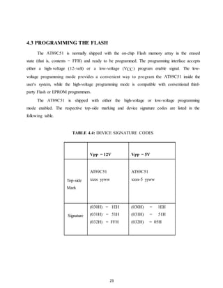 23 
4.3 PROGRAMMING THE FLASH 
The AT89C51 is normally shipped with the on-chip Flash memory array in the erased 
state (that is, contents = FFH) and ready to be programmed. The programming interface accepts 
either a high-voltage (12-volt) or a low-voltage (VCC) program enable signal. The low-voltage 
programming mode provides a convenient way to program the AT89C51 inside the 
user's system, while the high-voltage programming mode is compatible with conventional third-party 
Flash or EPROM programmers. 
The AT89C51 is shipped with either the high-voltage or low-voltage programming 
mode enabled. The respective top-side marking and device signature codes are listed in the 
following table. 
TABLE 4.4: DEVICE SIGNATURE CODES 
VPP = 12V 
VPP = 5V 
Top-side 
Mark 
AT89C51 
xxxx yyww 
AT89C51 
xxxx-5 yyww 
Signature 
(030H) = 1EH 
(031H) = 51H 
(032H) = FFH 
(030H) = 1EH 
(031H) = 51H 
(032H) = 05H 
 