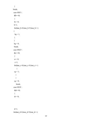 57 
} 
break; 
case 0XF3 : 
if(b==0) 
{ 
br = 0; 
b=1; 
for(lane_b=0;lane_b<9;lane_b++) 
{ 
bg = 1; 
} 
} 
bg = 0; 
break; 
case 0XCF : 
if(c==0) 
{ 
cr = 0; 
c=1; 
for(lane_c=0;lane_c<9;lane_c++) 
{ 
cg = 1; 
} 
} 
cg = 0; 
break; 
case 0X3F : 
if(d==0) 
{ 
dr = 0; 
d=1; 
for(lane_d=0;lane_d<9;lane_d++) 
 
