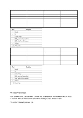 PIN DESCRIPTION OF LCD:

From this description, the interface is a parallel bus, allowing simple and fastreading/writing of data
to and from the LCD. This waveform will write an ASCII Byte out to theLCD's screen.

PIN DESCRIPTIONS:VCC, VSS and VEE:
 