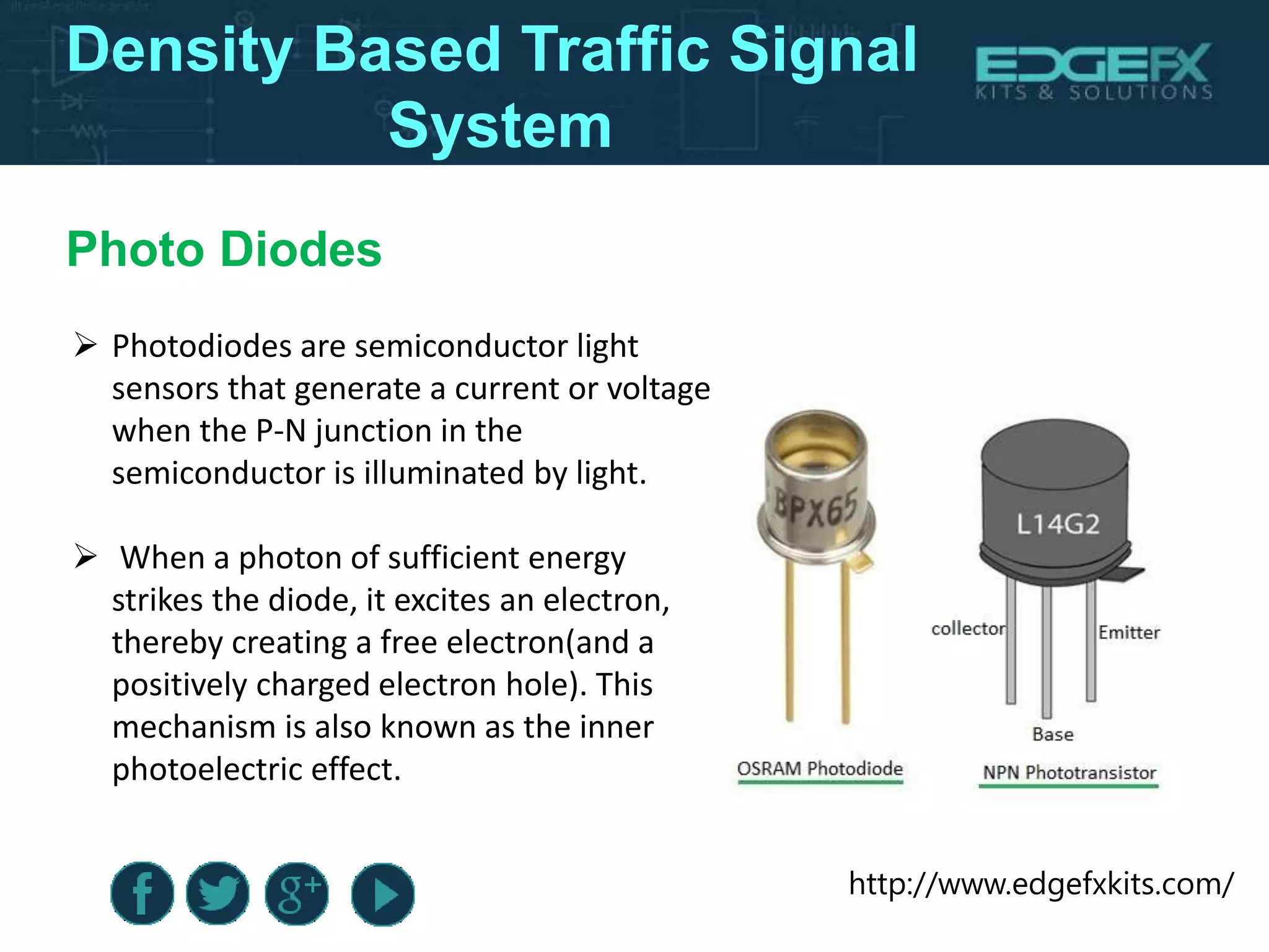 http://www.edgefxkits.com/
Photo Diodes
 Photodiodes are semiconductor light
sensors that generate a current or voltage
when the P-N junction in the
semiconductor is illuminated by light.
 When a photon of sufficient energy
strikes the diode, it excites an electron,
thereby creating a free electron(and a
positively charged electron hole). This
mechanism is also known as the inner
photoelectric effect.
Density Based Traffic Signal
System
 