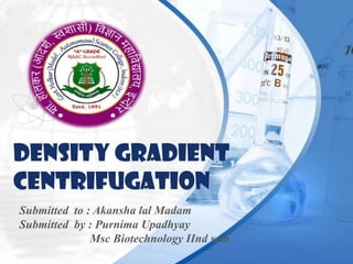 DENSITY GRADIENT
CENTRIFUGATION
Submitted to : Akansha lal Madam
Submitted by : Purnima Upadhyay
Msc Biotechnology IInd sem
 