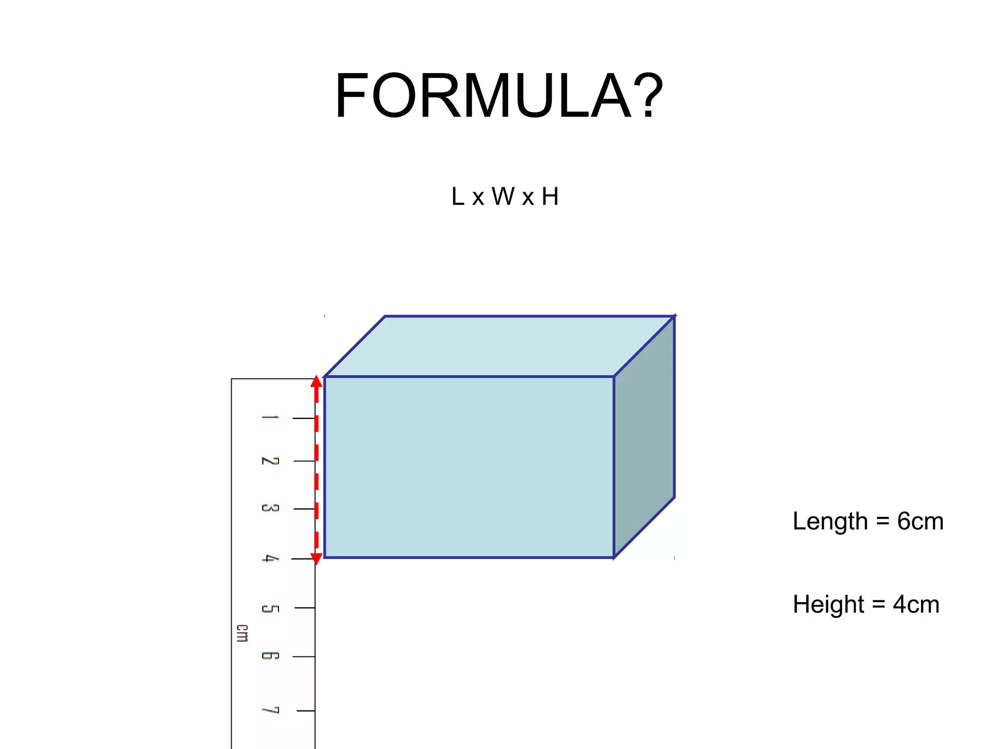 FORMULA?
L x W x H
Length = 6cm
Height = 4cm
 