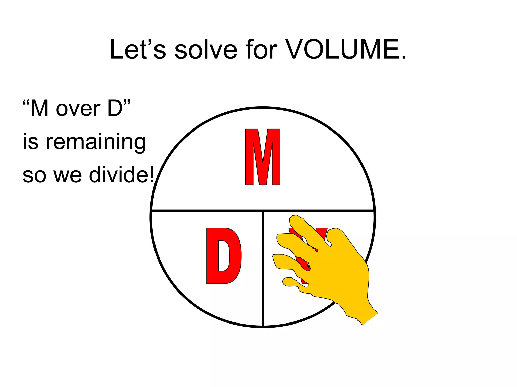 Let’s solve for VOLUME.
“M over D”
is remaining
so we divide!
 