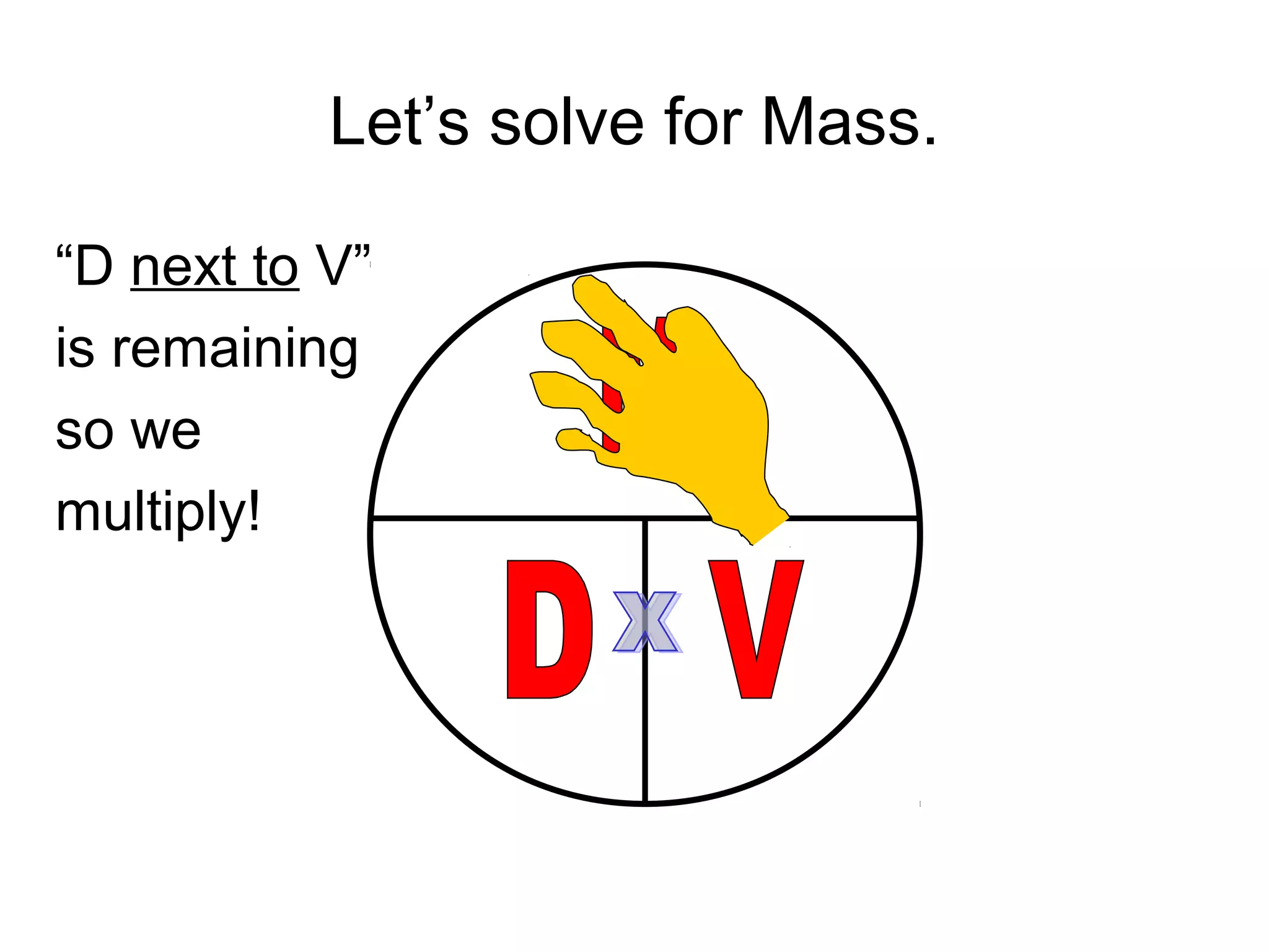 Let’s solve for Mass.
“D next to V”
is remaining
so we
multiply!
 