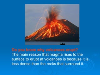 Do you know why volcanoes erupt?  The main reason that magma rises to the surface to erupt at volcanoes is because it is less dense than the rocks that surround it.  