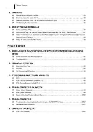 Table of Contents
8. DIAGNOSIS
8.1 Outline Of The Diagnostic Function. . . . . . . . . . . . . . . . . . . . . . . . . . . . . . . . . . . . . . . . . . . . . . . . . . . . . . . . . 1-83
8.2 Diagnosis Inspection Using DST-1 . . . . . . . . . . . . . . . . . . . . . . . . . . . . . . . . . . . . . . . . . . . . . . . . . . . . . . . . . 1-83
8.3 Diagnosis Inspection Using The MIL (Malfunction Indicator Light) . . . . . . . . . . . . . . . . . . . . . . . . . . . . . . . . . 1-84
8.4 Throttle Body Function Inspection. . . . . . . . . . . . . . . . . . . . . . . . . . . . . . . . . . . . . . . . . . . . . . . . . . . . . . . . . . 1-86
9. END OF VOLUME MATERIALS
9.1 Particulate Matter (PM) . . . . . . . . . . . . . . . . . . . . . . . . . . . . . . . . . . . . . . . . . . . . . . . . . . . . . . . . . . . . . . . . . . 1-87
9.2 Common Rail Type Fuel Injection System Development History And The World’s Manufacturers. . . . . . . . . 1-87
9.3 Higher Injection Pressure, Optimized Injection Rates, Higher Injection Timing Control Precision, Higher Injection
Quantity Control Precision. . . . . . . . . . . . . . . . . . . . . . . . . . . . . . . . . . . . . . . . . . . . . . . . . . . . . . . . . . . . . . . . 1-88
9.4 Image Of Combustion Chamber Interior . . . . . . . . . . . . . . . . . . . . . . . . . . . . . . . . . . . . . . . . . . . . . . . . . . . . . 1-90
Repair Section
1. DIESEL ENGINE MALFUNCTIONS AND DIAGNOSTIC METHODS (BASIC KNOWL-
EDGE)
1.1 Combustion State and Malfunction Cause . . . . . . . . . . . . . . . . . . . . . . . . . . . . . . . . . . . . . . . . . . . . . . . . . . . 2-91
1.2 Troubleshooting. . . . . . . . . . . . . . . . . . . . . . . . . . . . . . . . . . . . . . . . . . . . . . . . . . . . . . . . . . . . . . . . . . . . . . . . 2-92
2. DIAGNOSIS OVERVIEW
2.1 Diagnostic Work Flow . . . . . . . . . . . . . . . . . . . . . . . . . . . . . . . . . . . . . . . . . . . . . . . . . . . . . . . . . . . . . . . . . . . 2-93
2.2 Inquiries. . . . . . . . . . . . . . . . . . . . . . . . . . . . . . . . . . . . . . . . . . . . . . . . . . . . . . . . . . . . . . . . . . . . . . . . . . . . . . 2-94
2.3 Non-Reoccurring Malfunctions . . . . . . . . . . . . . . . . . . . . . . . . . . . . . . . . . . . . . . . . . . . . . . . . . . . . . . . . . . . . 2-96
3. DTC READING (FOR TOYOTA VEHICLES)
3.1 DST-2 . . . . . . . . . . . . . . . . . . . . . . . . . . . . . . . . . . . . . . . . . . . . . . . . . . . . . . . . . . . . . . . . . . . . . . . . . . . . . . . 2-98
3.2 DTC Check (Code Reading via the DST-2). . . . . . . . . . . . . . . . . . . . . . . . . . . . . . . . . . . . . . . . . . . . . . . . . . . 2-98
3.3 DTC Memory Erasure (via the DST-2) . . . . . . . . . . . . . . . . . . . . . . . . . . . . . . . . . . . . . . . . . . . . . . . . . . . . . . 2-98
4. TROUBLESHOOTING BY SYSTEM
4.1 Intake System Diagnosis. . . . . . . . . . . . . . . . . . . . . . . . . . . . . . . . . . . . . . . . . . . . . . . . . . . . . . . . . . . . . . . . . 2-99
4.2 Fuel System Diagnosis . . . . . . . . . . . . . . . . . . . . . . . . . . . . . . . . . . . . . . . . . . . . . . . . . . . . . . . . . . . . . . . . . . 2-99
4.3 Basics of Electrical/Electronic Circuit Checks . . . . . . . . . . . . . . . . . . . . . . . . . . . . . . . . . . . . . . . . . . . . . . . . 2-102
5. TROUBLESHOOTING
5.1 Troubleshooting According to Malfunction Symptom (for TOYOTA Vehicles). . . . . . . . . . . . . . . . . . . . . . . . 2-107
5.2 Other Malfunction Symptoms . . . . . . . . . . . . . . . . . . . . . . . . . . . . . . . . . . . . . . . . . . . . . . . . . . . . . . . . . . . . 2-122
6. DIAGNOSIS CODES (DTC)
6.1 DTC Chart (Example) . . . . . . . . . . . . . . . . . . . . . . . . . . . . . . . . . . . . . . . . . . . . . . . . . . . . . . . . . . . . . . . . . . 2-124
 