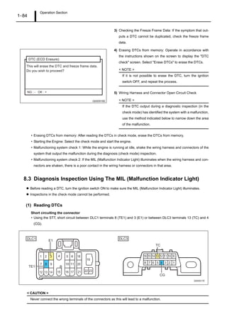 Operation Section
1–84
3) Checking the Freeze Frame Data: If the symptom that out-
puts a DTC cannot be duplicated, check the freeze frame
data.
4) Erasing DTCs from memory: Operate in accordance with
the instructions shown on the screen to display the "DTC
check" screen. Select "Erase DTCs" to erase the DTCs.
< NOTE >
If it is not possible to erase the DTC, turn the ignition
switch OFF, and repeat the process.
5) Wiring Harness and Connector Open Circuit Check
< NOTE >
If the DTC output during a diagnostic inspection (in the
check mode) has identified the system with a malfunction,
use the method indicated below to narrow down the area
of the malfunction.
• Erasing DTCs from memory: After reading the DTCs in check mode, erase the DTCs from memory.
• Starting the Engine: Select the check mode and start the engine.
• Malfunctioning system check 1: While the engine is running at idle, shake the wiring harness and connectors of the
system that output the malfunction during the diagnosis (check mode) inspection.
• Malfunctioning system check 2: If the MIL (Malfunction Indicator Light) illuminates when the wiring harness and con-
nectors are shaken, there is a poor contact in the wiring harness or connectors in that area.
8.3 Diagnosis Inspection Using The MIL (Malfunction Indicator Light)
Before reading a DTC, turn the ignition switch ON to make sure the MIL (Malfunction Indicator Light) illuminates.
Inspections in the check mode cannot be performed.
(1) Reading DTCs
Short circuiting the connector
• Using the STT, short circuit between DLC1 terminals 8 (TE1) and 3 (E1) or between DLC3 terminals 13 (TC) and 4
(CG).
< CAUTION >
Never connect the wrong terminals of the connectors as this will lead to a malfunction.
Q000916E
This will erase the DTC and freeze frame data.
Do you wish to proceed?
DTC (ECD Erasure)
NG : - OK : +
4
TE1
E1
TC
CG
1 2 3 5 6 18
7 8 9 10 11 20
12 13 14 15 16 17 21 22 23
19
16 15 14 13 12 11 10 9
8 7 6 5 4 3 2 1
DLC1 DLC3
Q000917E
 