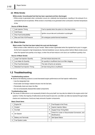 Repair Section
2–92
(2) White Smoke
White smoke: Uncombusted fuel that has been vaporized and then discharged.
• White smoke is generated when combustion occurs at a relatively low temperature, resulting in the exhaust of un-
combusted fuel and oil particles. White smoke is most likely to be generated when combustion chamber temperature
is low.
Source of White Smoke
(3) Black Smoke
Black smoke: Fuel that has been baked into soot and discharged.
• Black smoke is often referred to as just "smoke". Black smoke is generated when the injected fuel is poor in oxygen.
As the fuel is exposed to high temperatures, thermal breakdown occurs, leaving carbon behind. Black smoke occurs
when the injected fuel quantity is too large, or when the air-fuel mixture is rich due to an insufficient quantity of air.
Source of Black Smoke
1.2 Troubleshooting
Troubleshooting cautions
Observe the following cautions to avoid decreased engine performance and fuel injector malfunctions.
• Use the designated fuel.
• Avoid water and foreign material intrusion into the fuel tank.
• Periodically check and clean the filter.
• Do not unnecessarily disassemble sealed components.
Troubleshooting notes
The cause of malfunctions is not necessarily limited to the pump itself, but may also be related to the engine and/or fuel
systems. Further, the majority of malfunctions are the result of user error, and often can often be resolved through simple
checks and maintenance. Avoid any hasty removal of system components.
Basic Check Items
1 Late Injection Timing Fuel is injected when the piston is in the down stroke.
2 Cold Engine
Ignition occurs late and combustion is prolonged.
3 Poor Fuel Combustibility
4 Rise and Fall of Oil Pressure Oil undergoes partial thermal breakdown.
1 Large Fuel Injection Quantity Air-fuel mixture becomes rich.
2 Low Intake Air Quantity Air quantity is insufficient due to air filter clogging.
3 Poor Fuel Atomization The ratio of fuel to air worsens.
4 Retarded Fuel Injection Timing Air-fuel mixing time is insufficient.
1 Engine Oil 7 Fuel Supply to the Pump
2 Coolant 8 Injector Injection Status
3 Fan Belt 9 Supply Pump Timing Mark
4 Air Cleaner 10
Check for Loose or Disconnected Connectors, and
Modifications
5 Battery and Terminals 11 Idle Speed Status
6 Fuel System Leaks
 