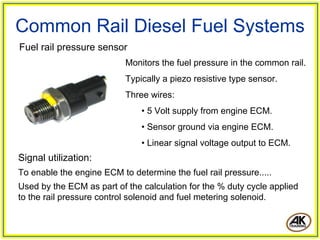 Common Rail Diesel Fuel Systems
Fuel rail pressure sensor
                           Monitors the fuel pressure in the common rail.
                           Typically a piezo resistive type sensor.
                           Three wires:
                               • 5 Volt supply from engine ECM.
                               • Sensor ground via engine ECM.
                               • Linear signal voltage output to ECM.
Signal utilization:
To enable the engine ECM to determine the fuel rail pressure.....
Used by the ECM as part of the calculation for the % duty cycle applied
to the rail pressure control solenoid and fuel metering solenoid.
 