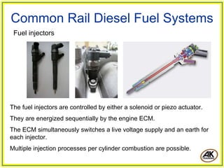 Common Rail Diesel Fuel Systems
 Fuel injectors




The fuel injectors are controlled by either a solenoid or piezo actuator.
They are energized sequentially by the engine ECM.
The ECM simultaneously switches a live voltage supply and an earth for
each injector.
Multiple injection processes per cylinder combustion are possible.
 