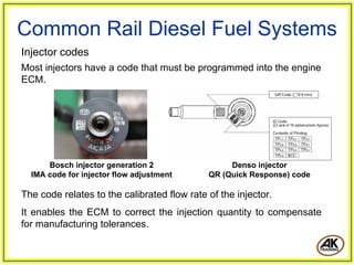 Common Rail Diesel Fuel Systems
Injector codes
Most injectors have a code that must be programmed into the engine
ECM.




      Bosch injector generation 2                 Denso injector
  IMA code for injector flow adjustment      QR (Quick Response) code

The code relates to the calibrated flow rate of the injector.
It enables the ECM to correct the injection quantity to compensate
for manufacturing tolerances.
 