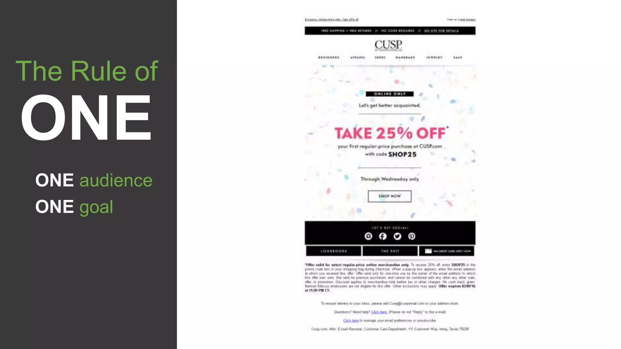 ONE audience
ONE goal
The Rule of
ONE
 