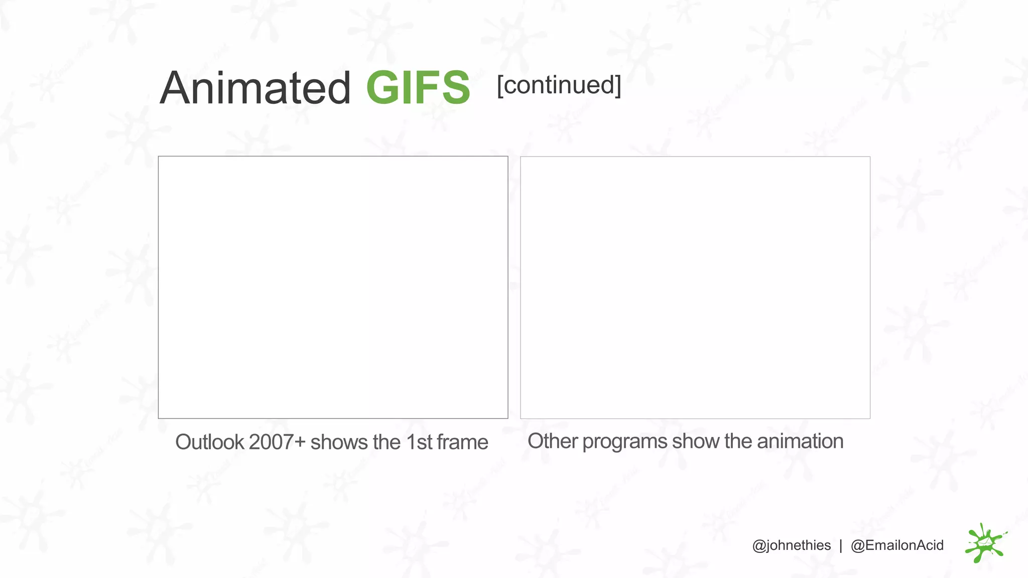 Outlook 2007+ shows the 1st frame Other programs show the animation
Animated GIFS
@johnethies | @EmailonAcid
[continued]
 