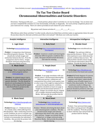 For more information, contact:
                 Dawn Berkeley via email: dawn.berkeley@pgcps.orgTwitter: @thebuzzwithberk web site: http://bit.ly/thebuzzwithberk


                                Tic Tac Toe Choice Board
                      Chromosomal Abnormalities and Genetic Disorders
          Directions: Pairing up with your _______ o’clock partner, please select 3 activities in a tic-tac-toe design. You are done once
          you have completed the activities in a row–horizontally, vertically, or diagonally. For each activity completed, please see
          your instructor for a stamp. There are rubrics provided at each station for your reference.

                                            My partner and I choose activities # _________, # ________, # ________,

          Why did you select these activities? In other words, why do you think these activities make an appropriate choice for you?
          Do you have ideas for alternate activities you’d like to do instead? Talk them over with your teacher.

         Analytic Intelligence                            Interactive Intelligence                         Introspective Intelligence

            1. Logic Smart                                      2. Body Smart                                   3. Wonder Smart

    Technology:www.lucidchart.com               Technology:http://www.toolsforeducators.com             Technology:www.voicethread.com
                                                                  /boardgames/
 Product: A comparison chart between                                                                      Product: You and your child are
two different genetic diseases. The chart       Product: Construct a small scale board game           separated by distance. Write a virtual
      should also include images and             about the different genetic conditions that           letter/podcast to your child about the
 similarities between the two. Print the         exist. The game should include directions              genetic condition that you have. The
    comparison chart to share. Images                      and rules for winning.                      podcast/letter should contain images,
   should be retrieved using Discovery                                                                   and relevant information about the
        Education Media services.                                                                     condition. Provide the link for sharing.
           4. Music Smart                                      5. People Smart                                   6. Picture Smart

Technology: Music composing software            Technology:https://tinyletter.com or           MS       Technology:http://flockdraw.com
     or an online program such as                               Publisher                             or can be drawn free hand and scanned
            www.ujam.com.
                                                   Product: A one-page newsletter with one            Product:Full body diagram of a person
  Product: An original song or rap to             articles about 1 chromosomal abnormality.            with the chromosomal abnormality,
 educate the public on individuals with                With your partner, collaborate and              complete with labels. Labels should
  genetic disorders. The file should be          communicate how school, work, games, toys              address areas of bodily impact as a
 saved so it can be played for the class.        or other ways of life might be impacted for a        result of the abnormality. Ex: Down’s
 The lyrics of the song should be typed               person having this genetic condition.               syndrome results in oblique eye
    into PowerPoint to project to the              Newsletter should be at least one page in            fissures/almond shaped eyes. The
            class/distribute.                       length and should include between 2 - 3           portrait should be printed in color and
                                                 images. Images can include clip art, original        neatly mounted on construction paper.
                                                    art, or images retrieved using Discovery
                                                    Media. Also provide the product link for
                                                                     sharing.
           4. Music Smart                                      8. Word Smart                                          9. Self Smart

Technology:http://sketchup.google.com                Technology:http://weebly.com                        Technology:http://penzu.com/
              /intl/en/                            www.wix.com or www.sites.google.com
                                                                                                        Product: Four personal diary pages
  Product:Design a 2 – 3 bedroom house          Product: Website advertising the facts about           that reflect a young person’s thoughts
  for a family with a child suffering from         your selected genetic condition. The site           with the condition. Print the product
fibrodysplasia. After conducting research            should include images and relevant               to share with the class and provide the
 on the condition, be sure to consider any        information that shows who, what, when,                     product link for sharing.
physical aspects the house would need to         why, and how. Images can include clip art,
 include to accommodate the individual’s            original art, or images retrieved using
 disability. Also provide the product info       Discovery Media. Also provide the product
                for sharing.                                    link for sharing.
 