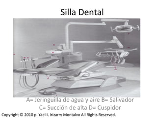 Silla Dental




              A= Jeringuilla de agua y aire B= Salivador
                   C= Succión de alta D= Cuspidor
Copyright © 2010 p. Yael I. Irizarry Montalvo All Rights Reserved.
 