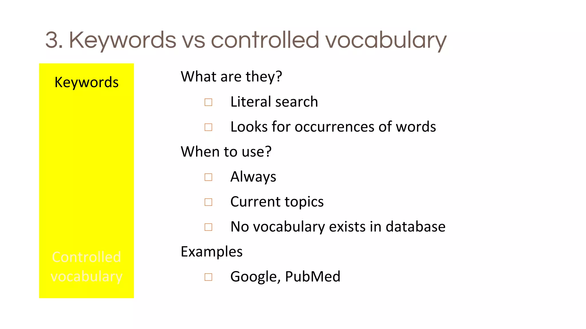 3. Keywords vs controlled vocabulary
Keywords
Controlled
vocabulary
What are they?
◻ Literal search
◻ Looks for occurrences of words
When to use?
◻ Always
◻ Current topics
◻ No vocabulary exists in database
Examples
◻ Google, PubMed
 