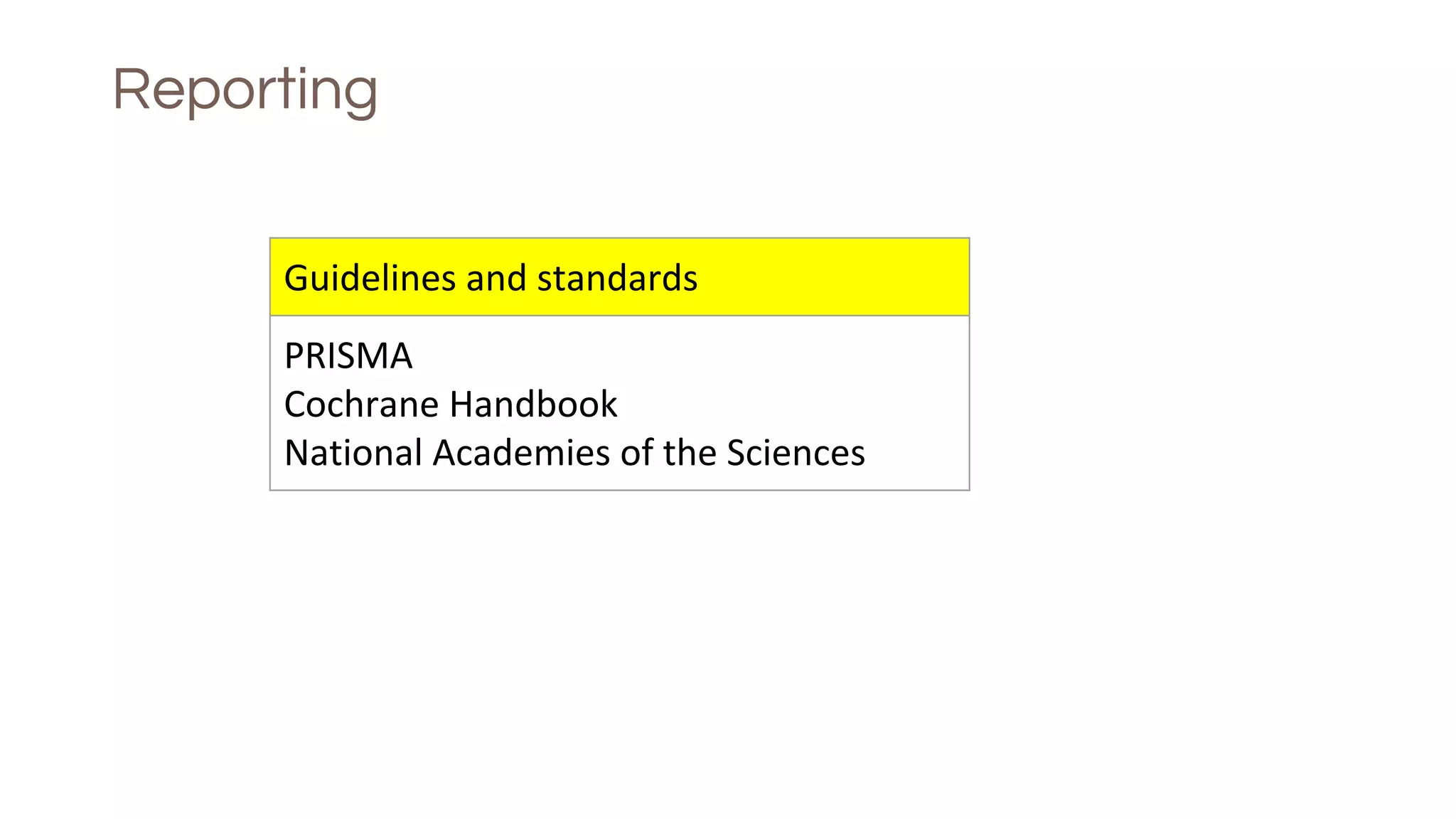 Reporting
Guidelines and standards
PRISMA
Cochrane Handbook
National Academies of the Sciences
 