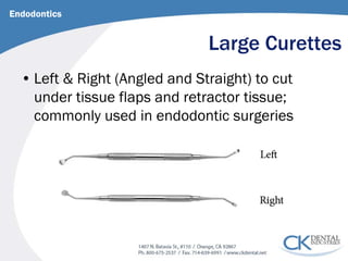 Large Curettes 
Endodontics 
• 
Left & Right (Angled and Straight) to cut under tissue flaps and retractor tissue; commonly used in endodontic surgeries  