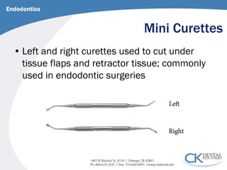 Mini Curettes 
Endodontics 
• 
Left and right curettes used to cut under tissue flaps and retractor tissue; commonly used in endodontic surgeries  