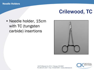 Crilewood, TC 
Needle Holders 
• 
Needle holder, 15cm with TC (tungsten carbide) insertions  
