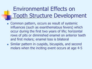 Environmental Effects on
Tooth Structure Development
 Common pattern, occurs as result of systemic
influences (such as exanthematous fevers) which
occur during the first two years of life; horizontal
rows of pits or diminished enamel on anterior teeth
and first molars; enamel loss is bilateral
 Similar pattern in cuspids, bicuspids, and second
molars when the inciting event occurs at age 4-5
 