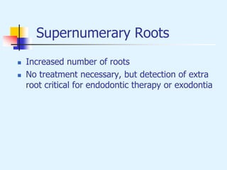 Supernumerary Roots
 Increased number of roots
 No treatment necessary, but detection of extra
root critical for endodontic therapy or exodontia
 