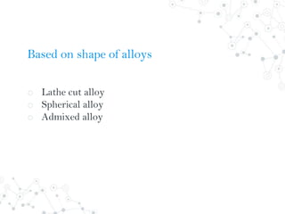 Based on shape of alloys
o Lathe cut alloy
o Spherical alloy
o Admixed alloy
 