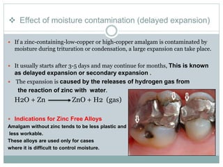  Effect of moisture contamination (delayed expansion)
 If a zinc-containing-low-copper or high-copper amalgam is contaminated by
moisture during trituration or condensation, a large expansion can take place.
 It usually starts after 3-5 days and may continue for months, This is known
as delayed expansion or secondary expansion .
 The expansion is caused by the releases of hydrogen gas from
the reaction of zinc with water.
H2O + Zn ZnO + H2 (gas)
 Indications for Zinc Free Alloys
Amalgam without zinc tends to be less plastic and
less workable.
These alloys are used only for cases
where it is difficult to control moisture.
 
