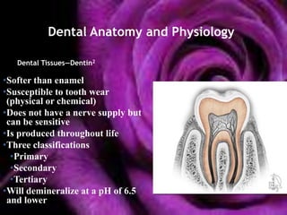 Dental Anatomy and Physiology

   Dental Tissues—Dentin2

•Softer than enamel
•Susceptible to tooth wear
 (physical or chemical)
•Does not have a nerve supply but
 can be sensitive
•Is produced throughout life
•Three classifications
  •Primary
  •Secondary
  •Tertiary
•Will demineralize at a pH of 6.5
 and lower
 