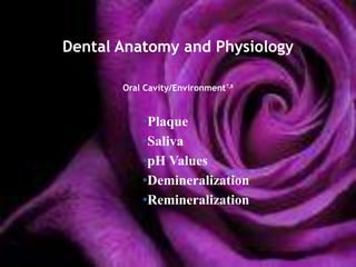 Dental Anatomy and Physiology

       Oral Cavity/Environment7,8


           •Plaque
           •Saliva
           •pH Values
           •Demineralization
           •Remineralization
 