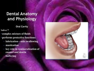 Dental Anatomy
       and Physiology
             Oral Cavity
Saliva:7,8
•complex mixture of fluids
•performs protective functions:
  – lubrication—aids swallowing
  – mastication
  – key role in remineralization of
    enamel and dentin
  – buffering
 
