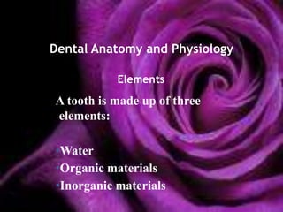 Dental Anatomy and Physiology

           Elements
A tooth is made up of three
elements:

•Water
•Organic materials
•Inorganic materials
 