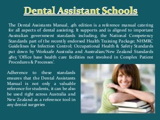 The Dental Assistants Manual, 4th edition is a reference manual catering
for all aspects of dental assisting. It supports and is aligned to important
Australian government standards including, the National Competency
Standards part of the recently endorsed Health Training Package; NHMRC
Guidelines for Infection Control; Occupational Health & Safety Standards
put down by Worksafe Australia and Australian/New Zealand Standards
4815 ‘Office base health care facilities not involved in Complex Patient
Procedures & Processes’.
Adherence to these standards
ensures that the Dental Assistants
Manual is not only a valuable
reference for students, it can be also
be used right across Australia and
New Zealand as a reference tool in
any dental surgeries

 