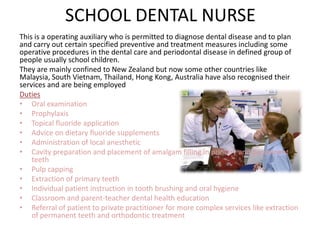 SCHOOL DENTAL NURSE
This is a operating auxiliary who is permitted to diagnose dental disease and to plan
and carry out certain specified preventive and treatment measures including some
operative procedures in the dental care and periodontal disease in defined group of
people usually school children.
They are mainly confined to New Zealand but now some other countries like
Malaysia, South Vietnam, Thailand, Hong Kong, Australia have also recognised their
services and are being employed
Duties
• Oral examination
• Prophylaxis
• Topical fluoride application
• Advice on dietary fluoride supplements
• Administration of local anesthetic
• Cavity preparation and placement of amalgam filling in primary and permanent
teeth
• Pulp capping
• Extraction of primary teeth
• Individual patient instruction in tooth brushing and oral hygiene
• Classroom and parent-teacher dental health education
• Referral of patient to private practitioner for more complex services like extraction
of permanent teeth and orthodontic treatment

 