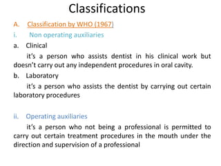 Classifications
A. Classification by WHO (1967)
i.
Non operating auxiliaries
a. Clinical
it’s a person who assists dentist in his clinical work but
doesn’t carry out any independent procedures in oral cavity.
b. Laboratory
it’s a person who assists the dentist by carrying out certain
laboratory procedures
ii. Operating auxiliaries
it’s a person who not being a professional is permitted to
carry out certain treatment procedures in the mouth under the
direction and supervision of a professional

 