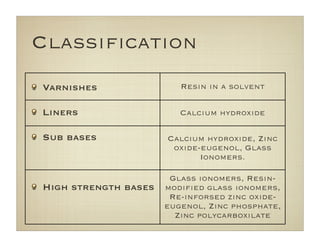Classiﬁcation
Varnishes
Liners
Sub bases
High strength bases
Resin in a solvent
Calcium hydroxide
Calcium hydroxide, Zinc
oxide-eugenol, Glass
Ionomers.
Glass ionomers, Resin-
modiﬁed glass ionomers,
Re-inforsed zinc oxide-
eugenol, Zinc phosphate,
Zinc polycarboxilate
 
