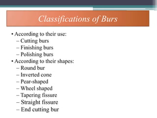 Classifications of Burs
• According to their use:
– Cutting burs
– Finishing burs
– Polishing burs
• According to their shapes:
– Round bur
– Inverted cone
– Pear-shaped
– Wheel shaped
– Tapering fissure
– Straight fissure
– End cutting bur
 