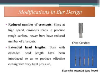 Modifications in Bur Design
• Reduced number of crosscuts: Since at
high speed, crosscuts tends to produce
rough surface, newer burs have reduced
number of crosscuts.
• Extended head lengths: Burs with
extended head length have been
introduced so as to produce effective
cutting with very light pressure.
Cross-Cut Burs
Burs with extended head length
 