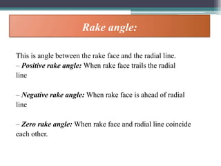 Rake angle:
This is angle between the rake face and the radial line.
– Positive rake angle: When rake face trails the radial
line
– Negative rake angle: When rake face is ahead of radial
line
– Zero rake angle: When rake face and radial line coincide
each other.
 