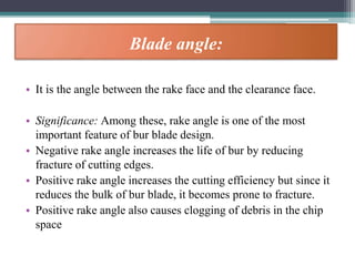 Blade angle:
• It is the angle between the rake face and the clearance face.
• Significance: Among these, rake angle is one of the most
important feature of bur blade design.
• Negative rake angle increases the life of bur by reducing
fracture of cutting edges.
• Positive rake angle increases the cutting efficiency but since it
reduces the bulk of bur blade, it becomes prone to fracture.
• Positive rake angle also causes clogging of debris in the chip
space
 
