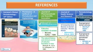 REFERENCES
 Carranza’s Clinical
Periodontology :
10th Edition
 Periobasics : A
textbook of
Periodontics and
Implantology
 Journal of
Pharmaceuticals
and Scientific
Innovation
• Calculus
revisited: A review
• Mandel,
Gaffar – 1986
 Journal of
Health Science
and Research
• A Comprehensive
Review on Dental
Calculus : Review
Article
• Aghanashini
S et al - 2016
 Periodontology
2000
• Supraginigival
dental calculus
• Stanley.P
Hazen. -
1995
• The natural history
and clinical course
of calculus
formation in man
Ånerud, A., Lo¨e,
H. & Boysen, H. -
1991
• Supragingival
calculus and
periodontal
disease
• M Robin et
al - 1997
 