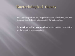 Oral microorganisms are the primary cause of calculus, and that
they are invovled in its attachment to the tooth surface.
Leptotrichia and Actinomyces have been considered most often
as the causative microorganism.
 