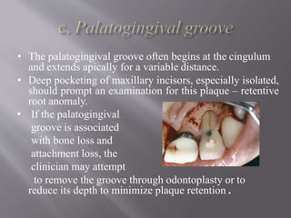 • The palatogingival groove often begins at the cingulum
and extends apically for a variable distance.
• Deep pocketing of maxillary incisors, especially isolated,
should prompt an examination for this plaque – retentive
root anomaly.
• If the palatogingival
groove is associated
with bone loss and
attachment loss, the
clinician may attempt
to remove the groove through odontoplasty or to
reduce its depth to minimize plaque retention .
 