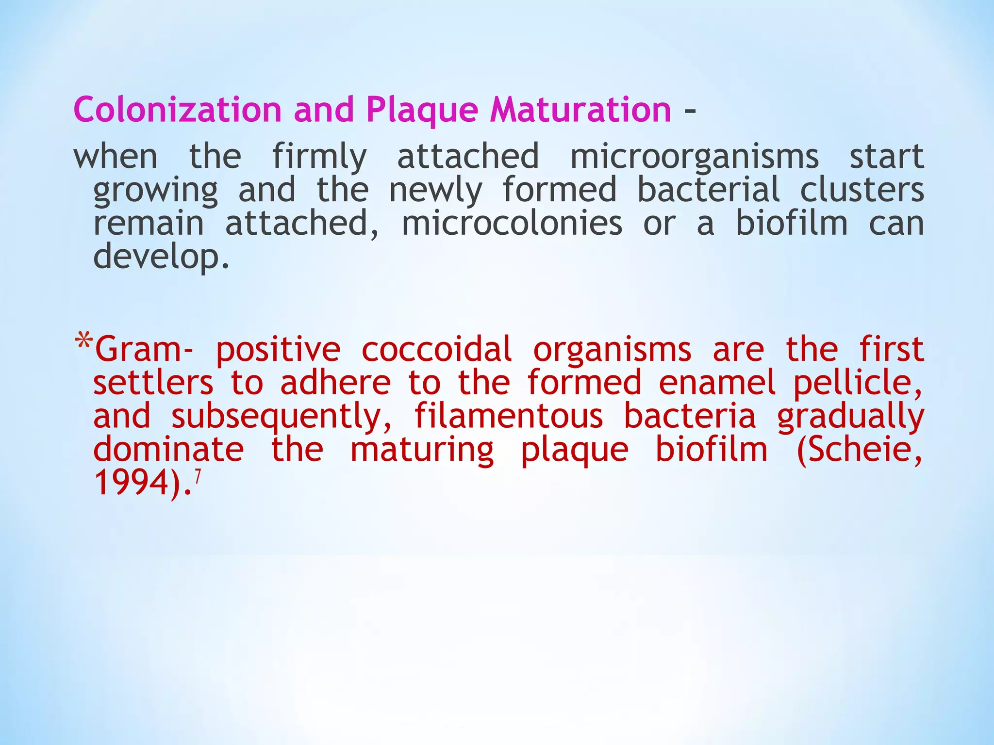 Colonization and Plaque Maturation –
when the firmly attached microorganisms start
growing and the newly formed bacterial clusters
remain attached, microcolonies or a biofilm can
develop.
*Gram- positive coccoidal organisms are the first
settlers to adhere to the formed enamel pellicle,
and subsequently, filamentous bacteria gradually
dominate the maturing plaque biofilm (Scheie,
1994).7
 