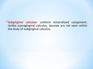 *Subgingival calculus- uniform mineralized component.
Unlike supragingival calculus, lacunae are not seen within
the body of subgingival calculus.
 