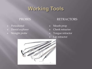 PROBES RETRACTORS
 Periodontal
 Dental explorer
 Straight probe
 Mouth prop
 Cheek retractor
 Tongue retractor
 Lip retractor
 