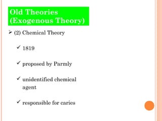 Old Theories 
(Exogenous Theory) 
 (2) Chemical Theory 
 1819 
 proposed by Parmly 
 unidentified chemical 
agent 
 responsible for caries 
 